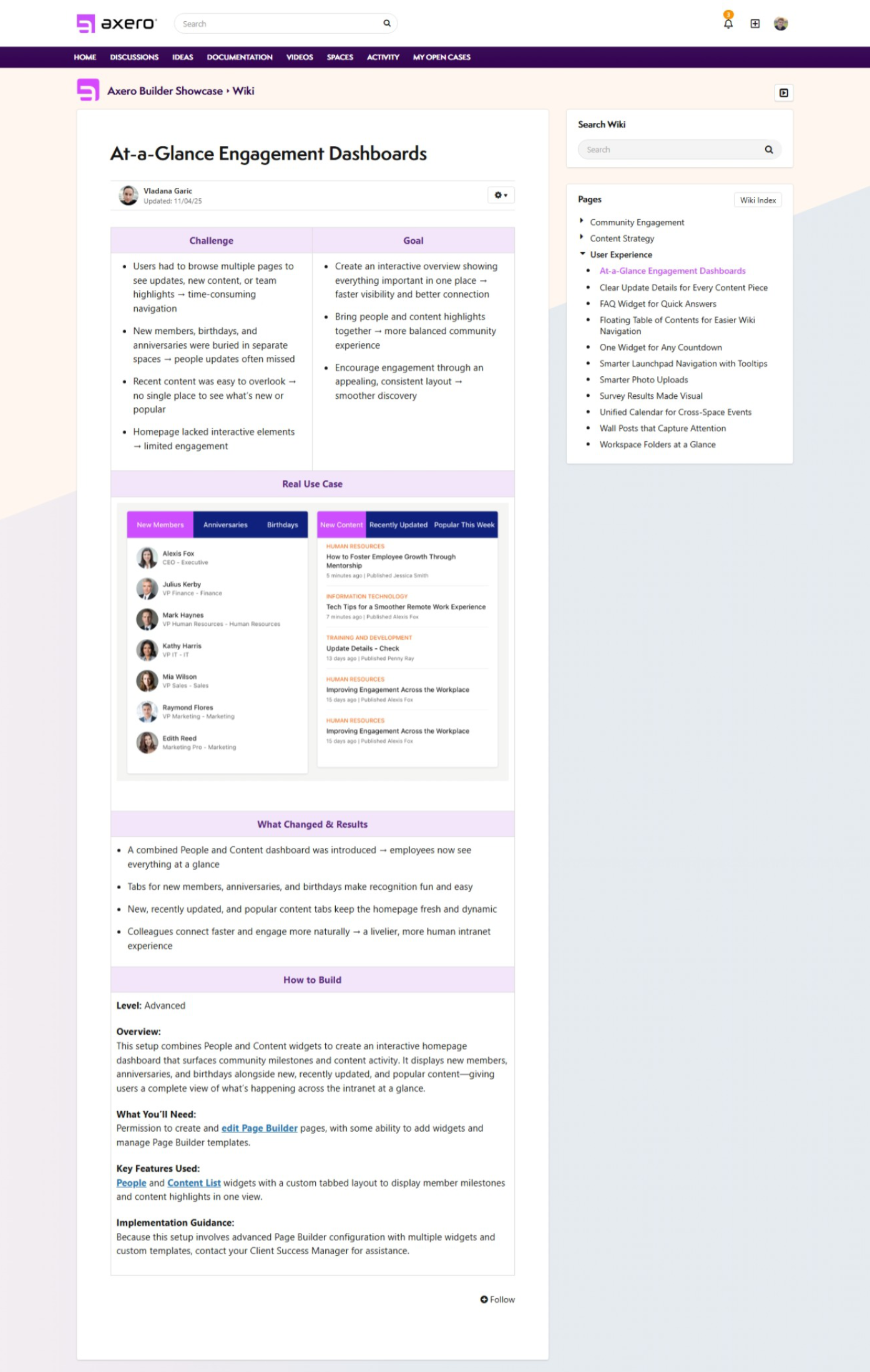Axero's builder showcase displaying Drew's custom widget.